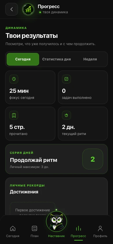 Пример экрана Прогресс: время фокуса, выполненные задачи, прочитанные страницы и ритм по дням
